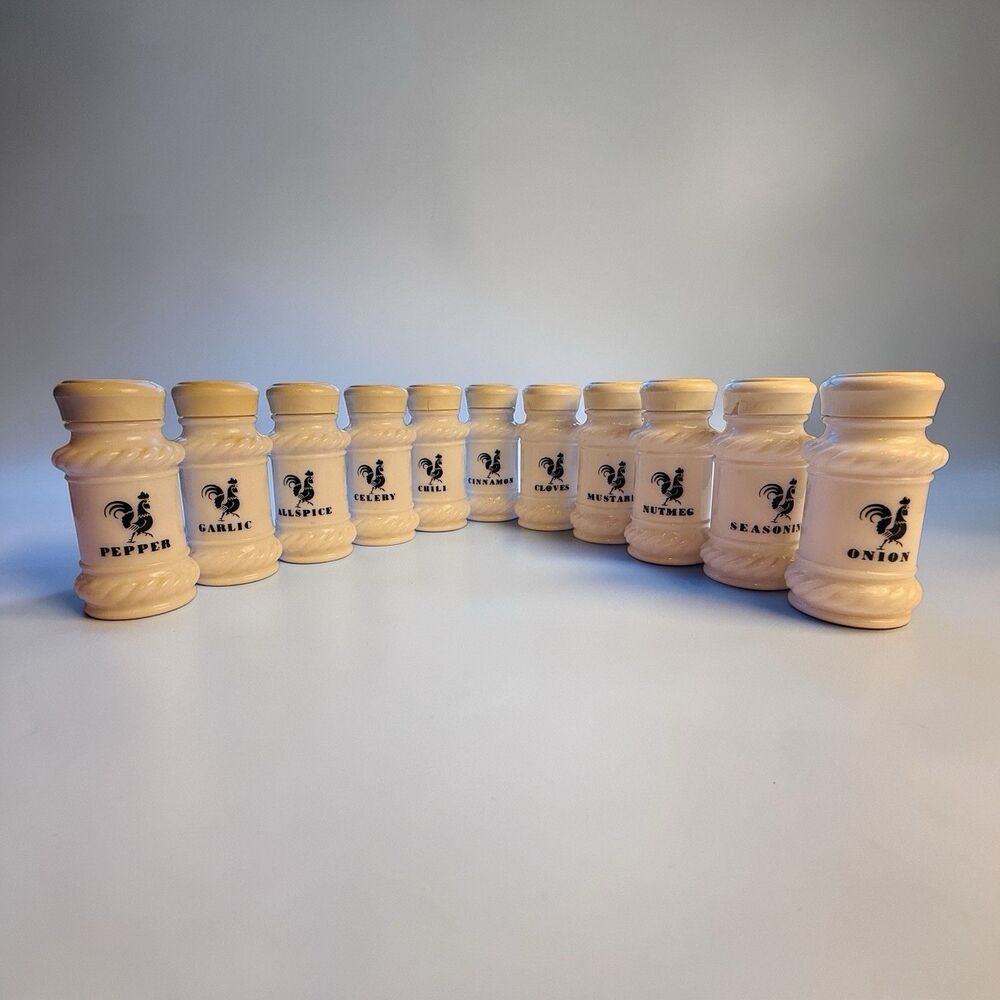 Hazel Atlas Milk Glass Spice Jars Black Roosters 11 Mid Century - Picture 8 of 8